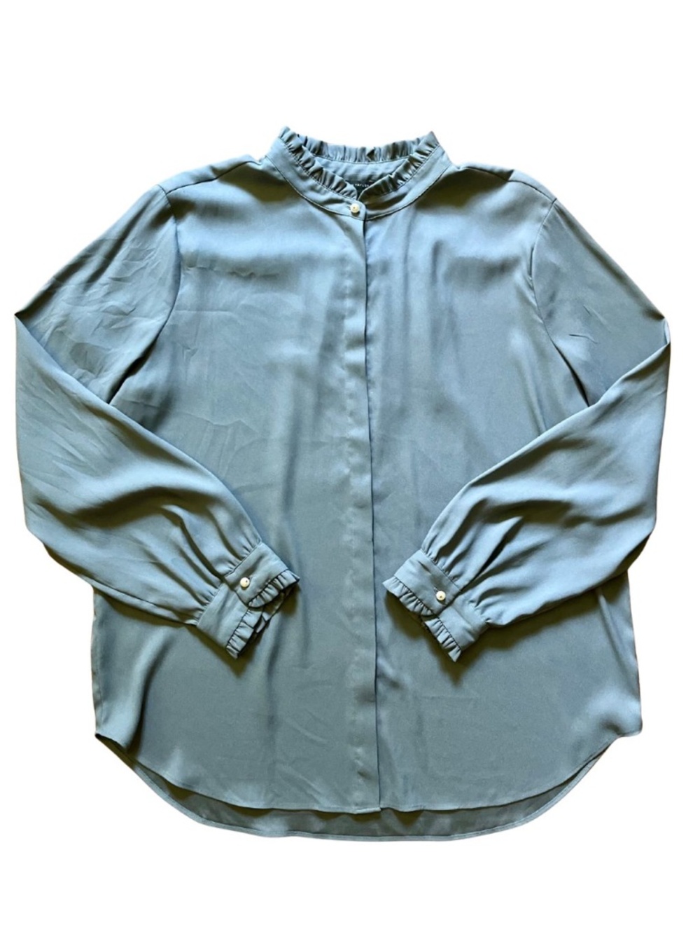 Women's Gray Long Sleeve Button Up Dress Shirt w/Ruffles Career Office Work